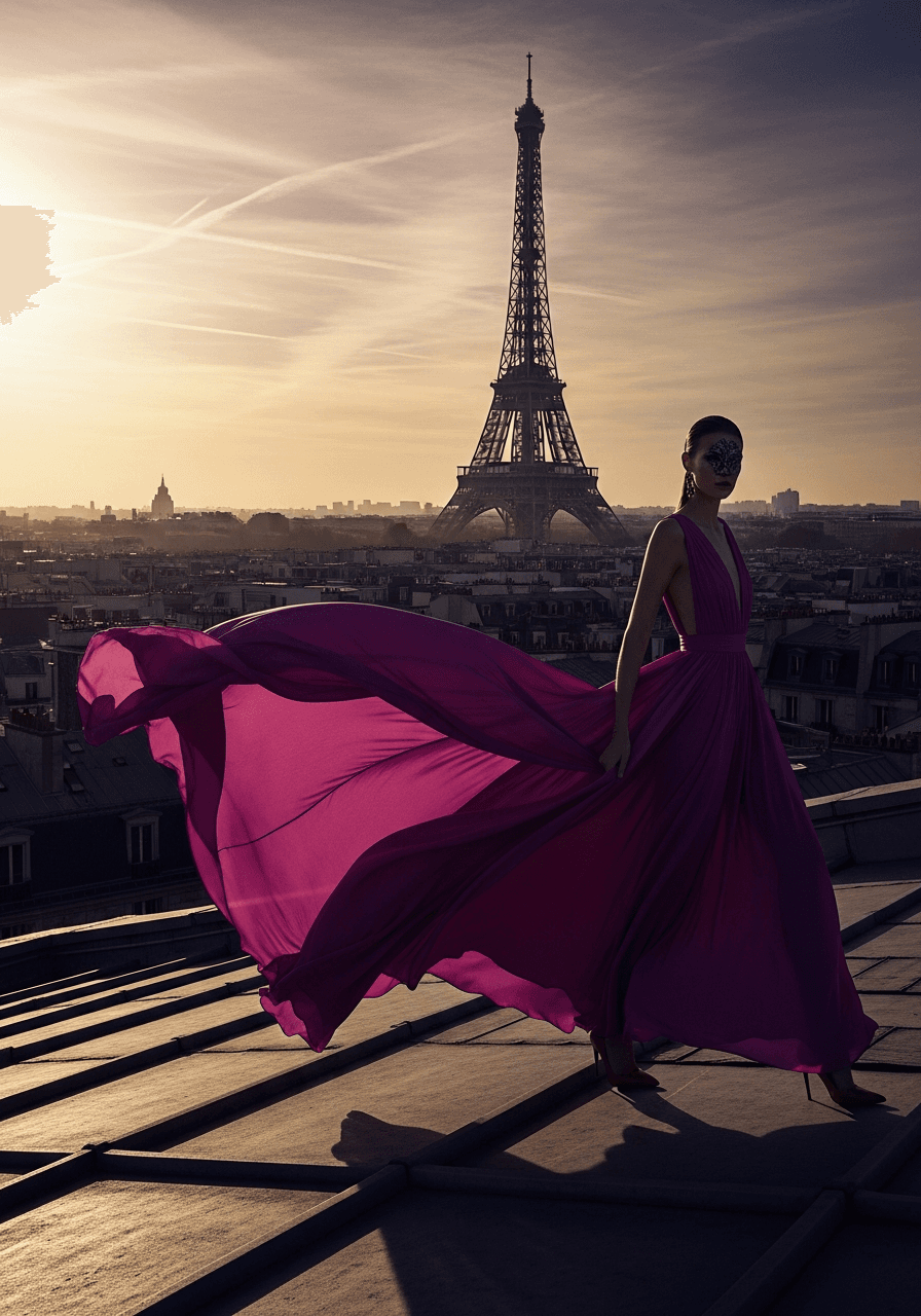Model in a flowing magenta dress overlooking Paris
