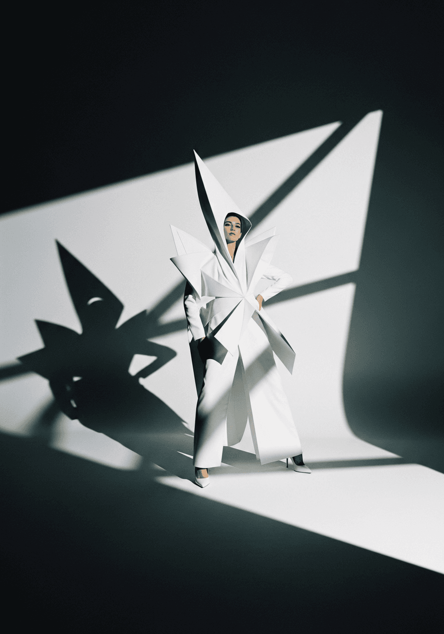 Fashion model in a minimal editorial studio setting