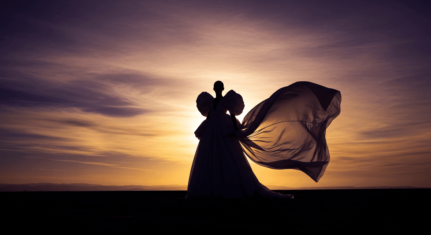 Silhouetted figure in a sculptural gown at sunset